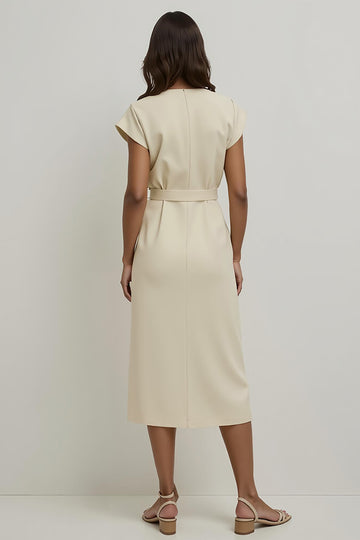 Apricot Sheath V-Neck Midi Work Dress with Sash